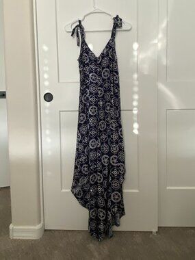 Vince Camuto Flowy WideLeg Jumpsuit Navy Print Tie Strap Romper Boho XS Fits S/M